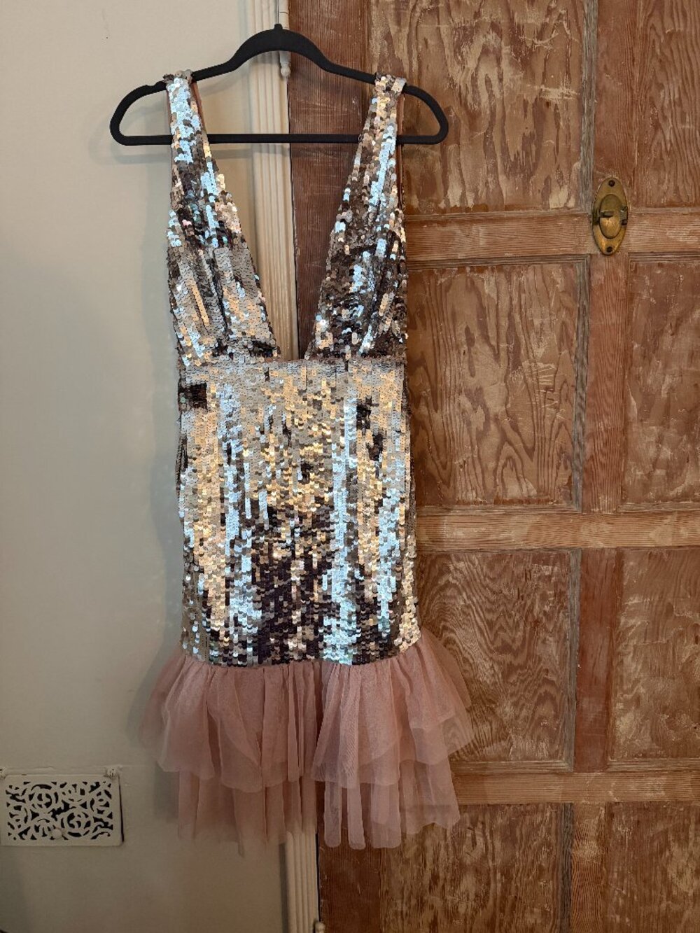 ASOS Design Silver Sequin Deep V Bodycon Dress Pink Tulle Hem Size 6